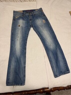 Rivet De Cru Andrew distressed 5pockets blue denim straight leg jeans 36 W 32 L